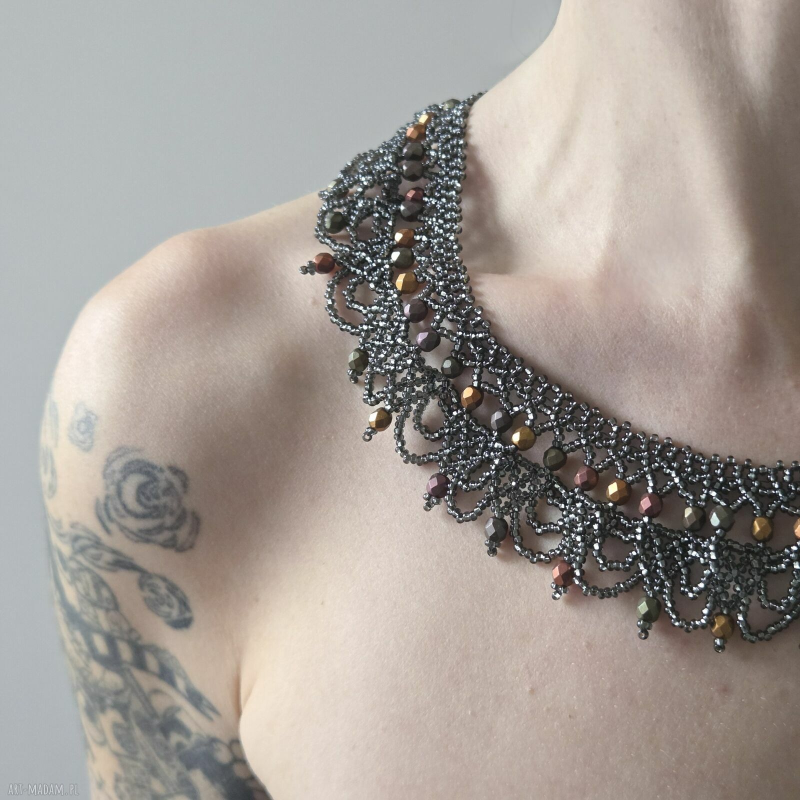 Kolia choker Grafit i Miedź z fasetowanych koralików
