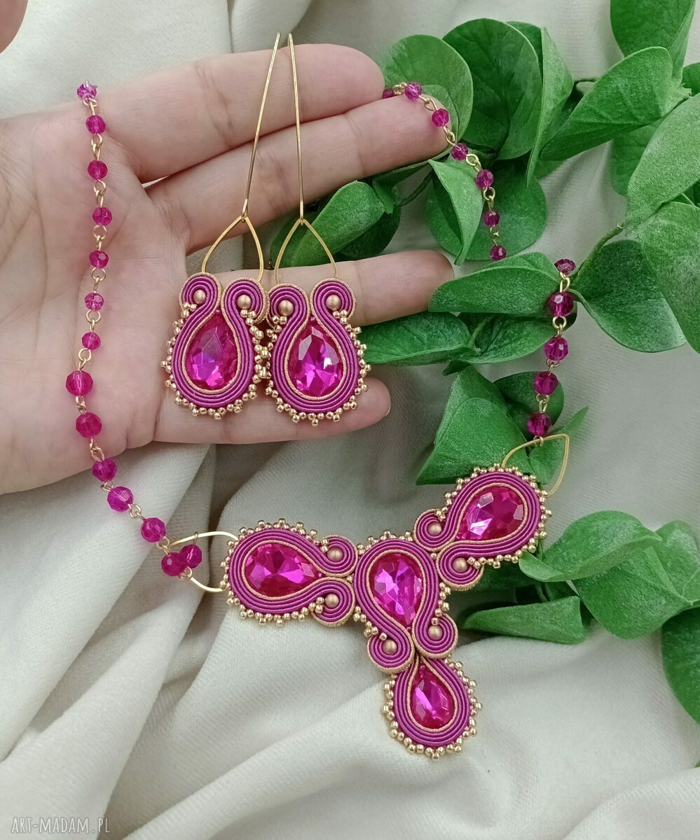 Kolia i kolczyki sutasz Fuksja - komplet soutache CRYSTALLINE