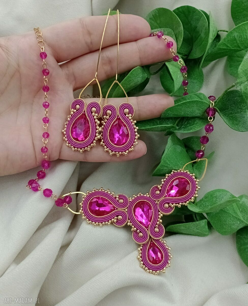 Kolia i kolczyki sutasz Fuksja - komplet soutache CRYSTALLINE