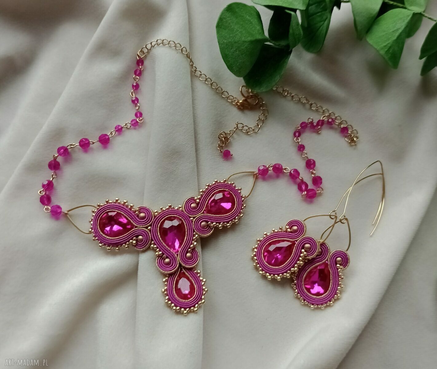 Kolia i kolczyki sutasz Fuksja - komplet soutache CRYSTALLINE