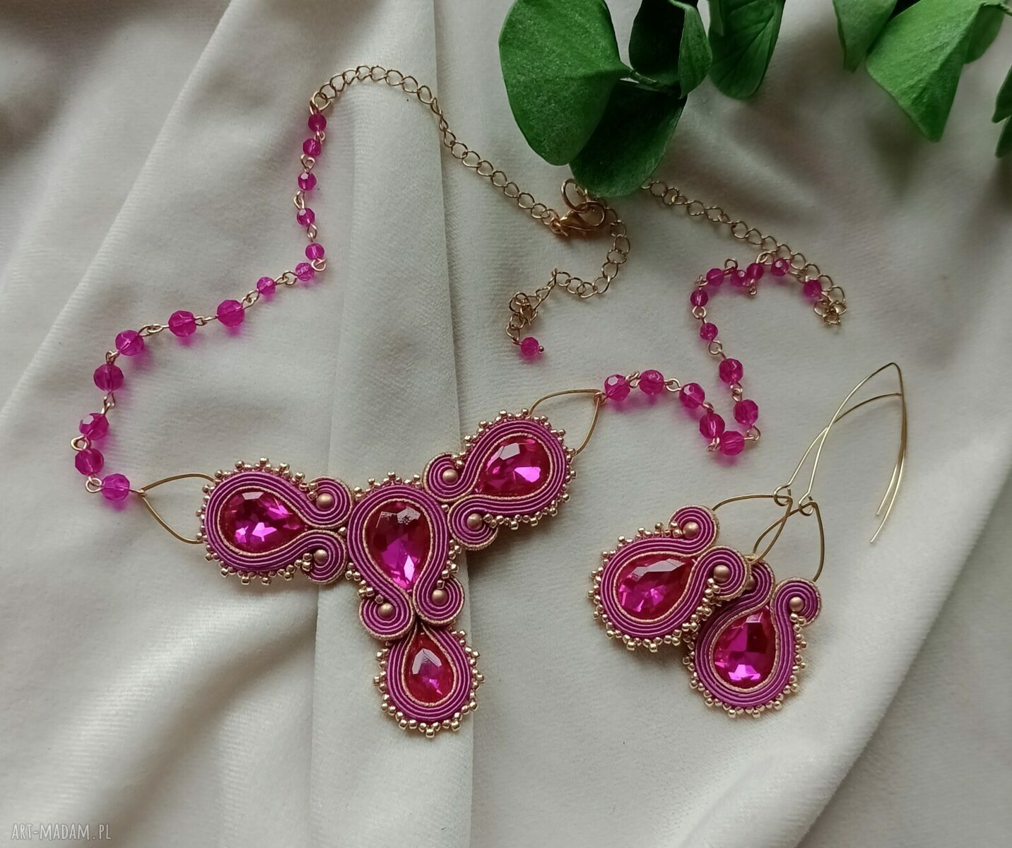 Kolia i kolczyki sutasz Fuksja - komplet soutache CRYSTALLINE