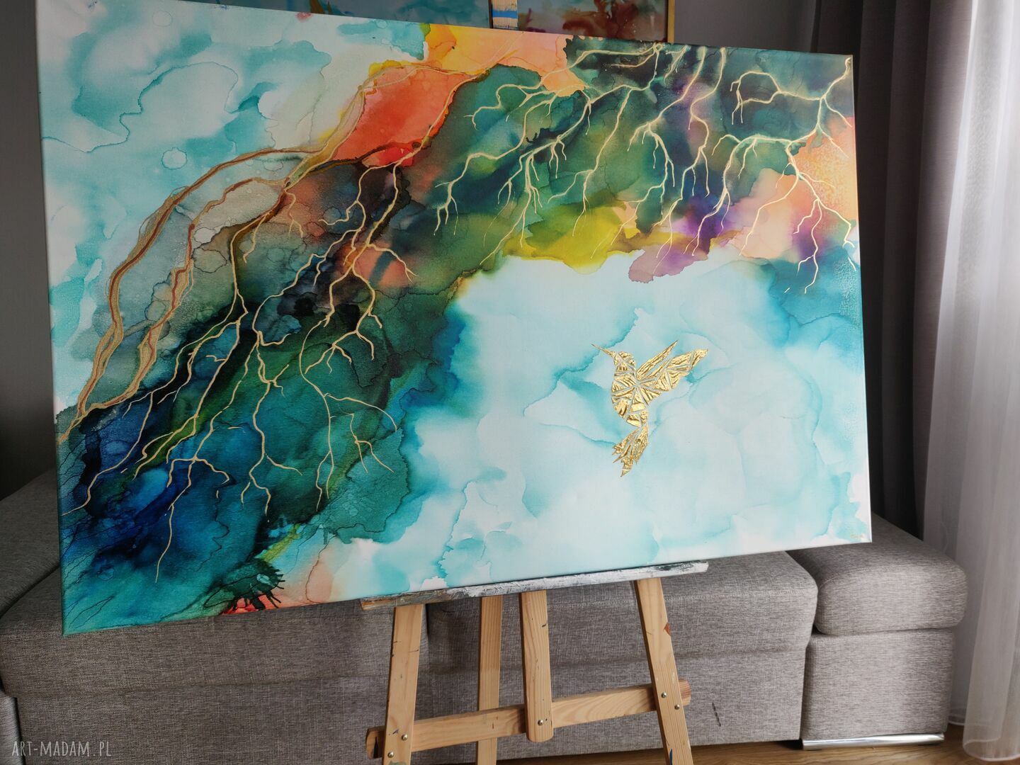 Koliber w winoroślach - ręcznie malowany obraz 120x80 cm