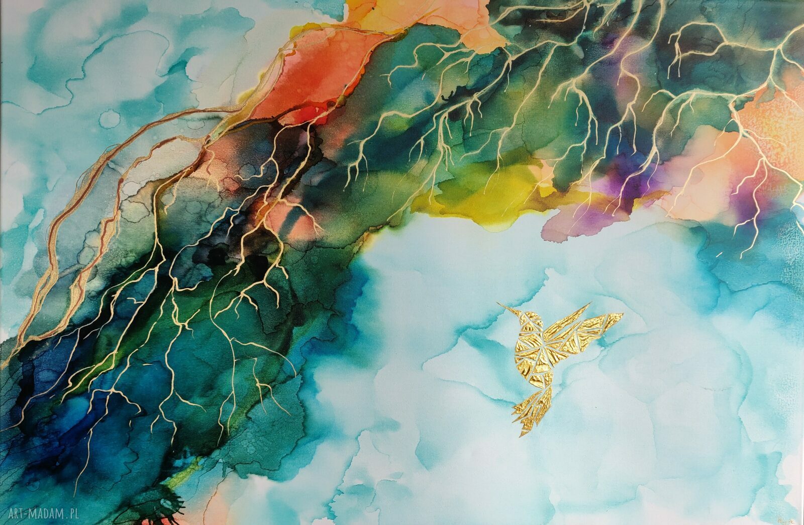 Koliber w winoroślach - ręcznie malowany obraz 120x80 cm