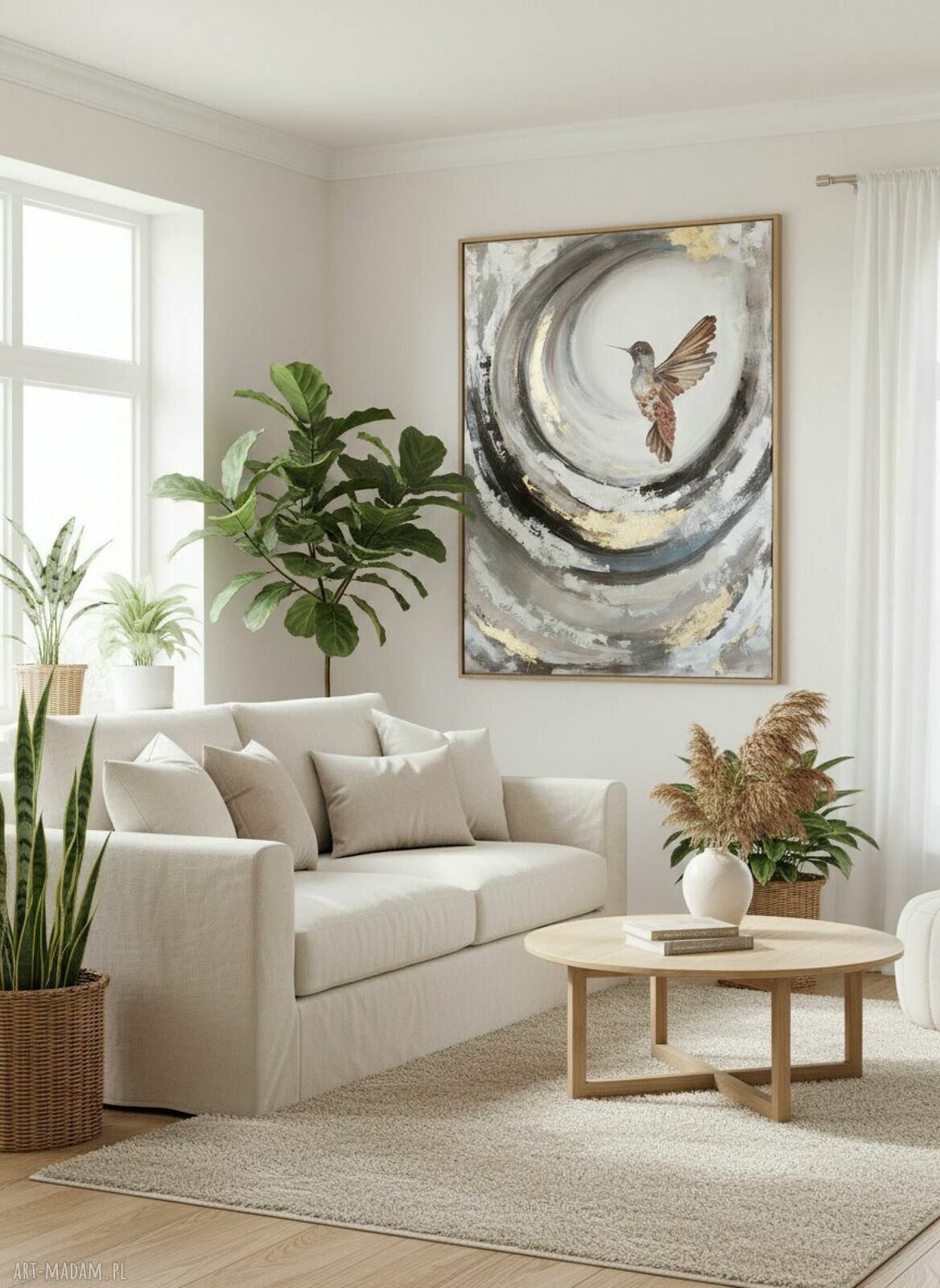 Koliberek Bird - ręcznie malowany obraz abstrakcyjny 70x100 cm ze złoceniem