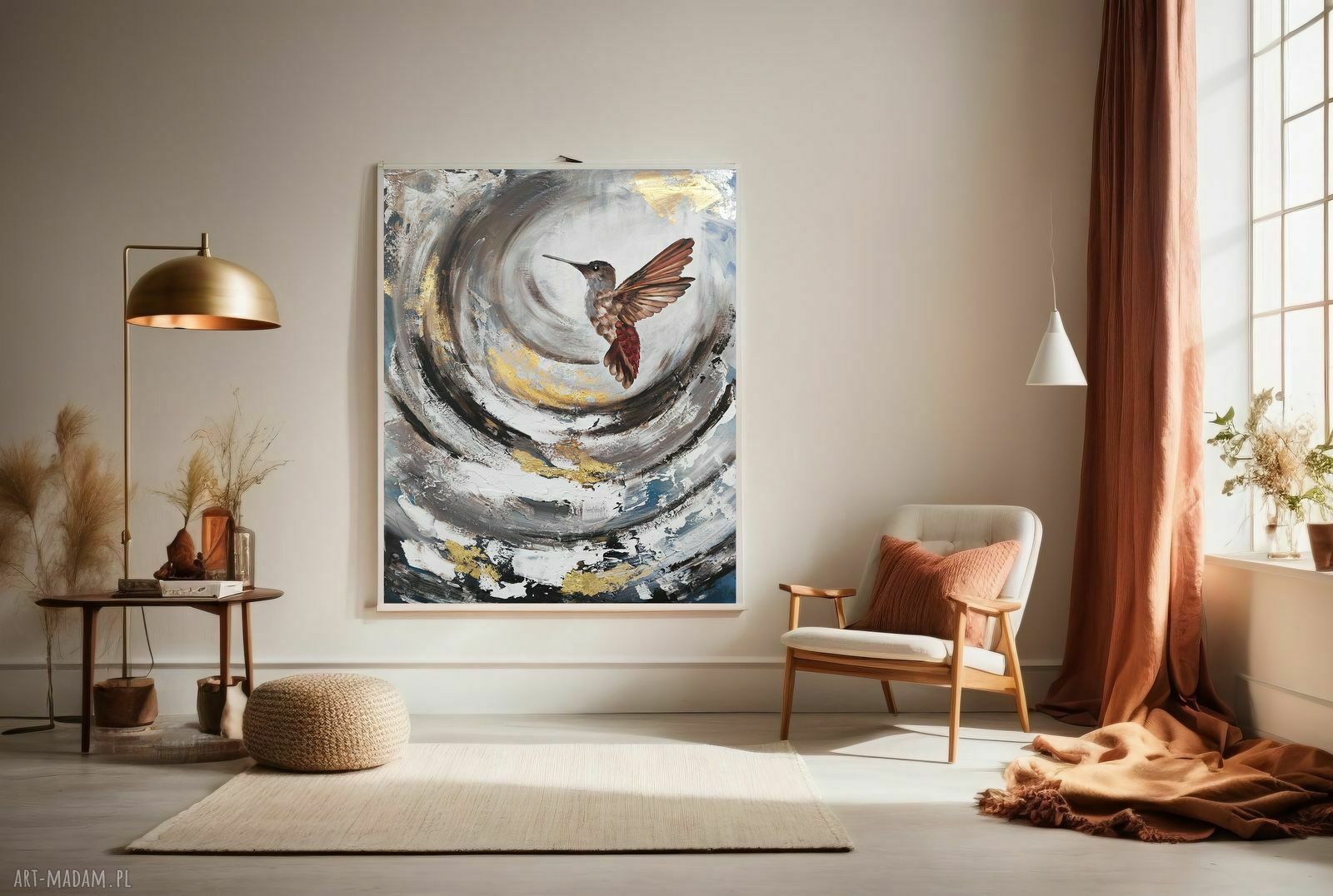 Koliberek Bird - ręcznie malowany obraz abstrakcyjny 70x100 cm ze złoceniem