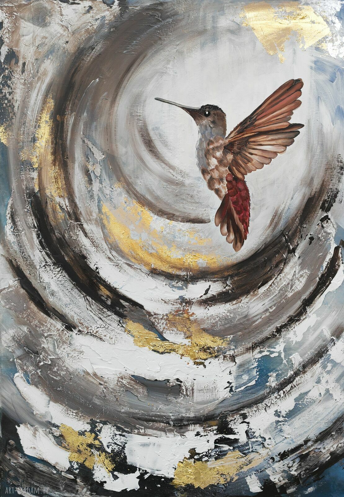 Koliberek Bird - ręcznie malowany obraz abstrakcyjny 70x100 cm ze złoceniem