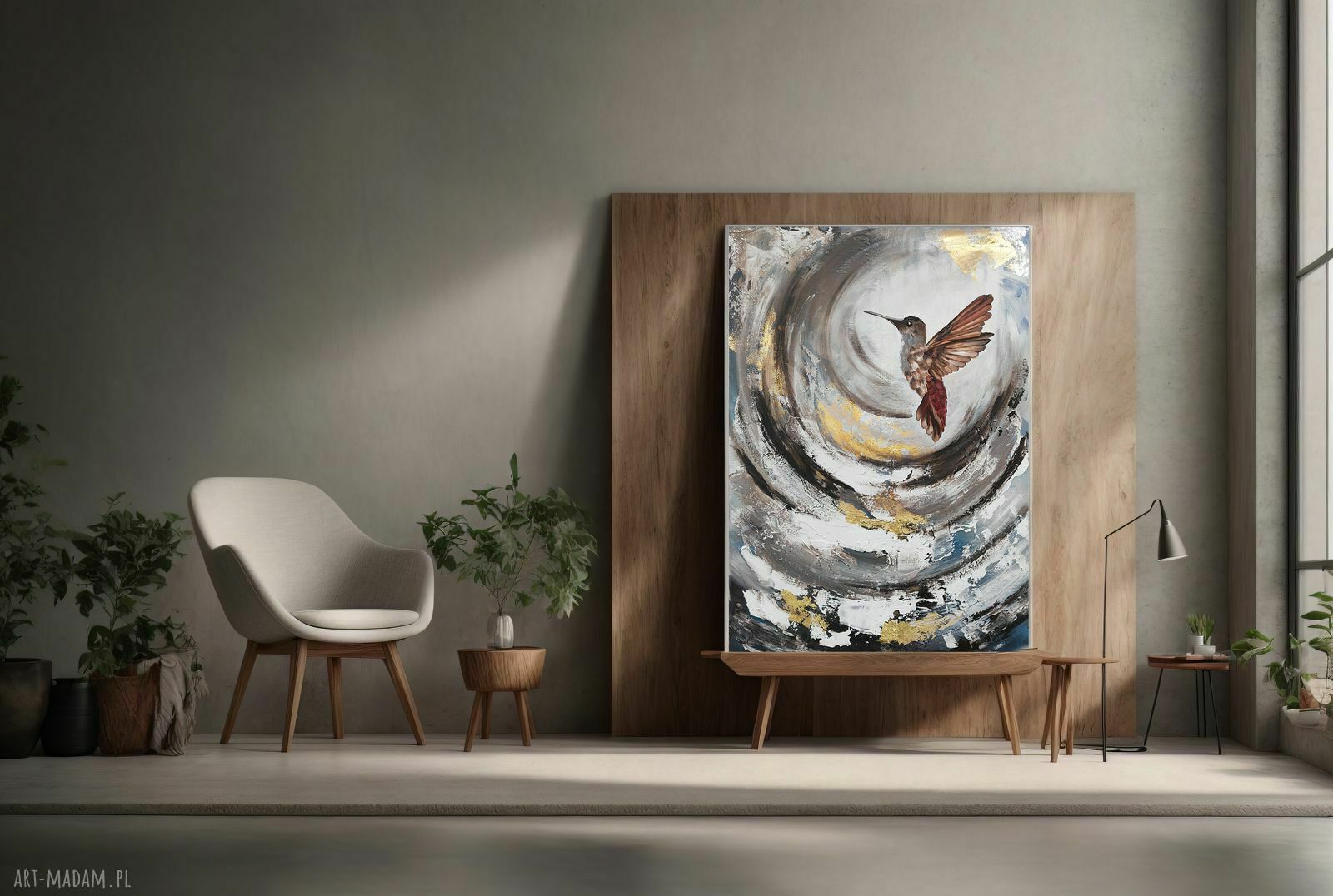 Koliberek Bird - ręcznie malowany obraz abstrakcyjny 70x100 cm ze złoceniem