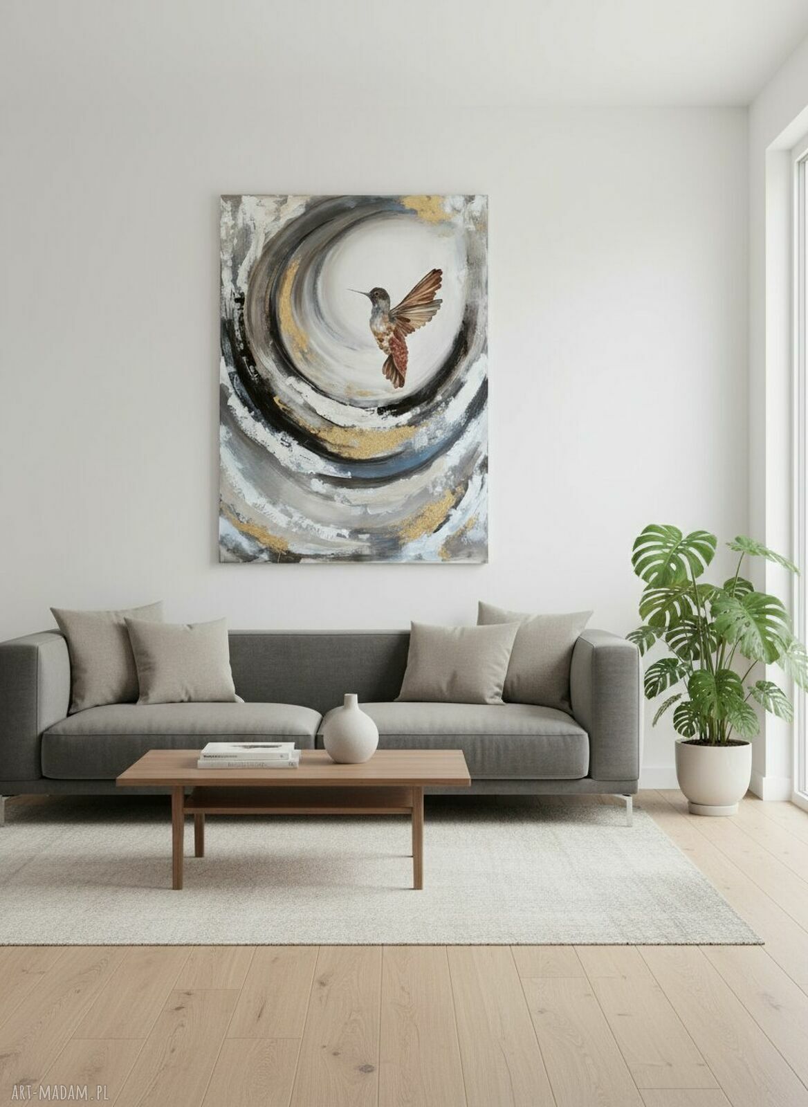 Koliberek Bird - ręcznie malowany obraz abstrakcyjny 70x100 cm ze złoceniem