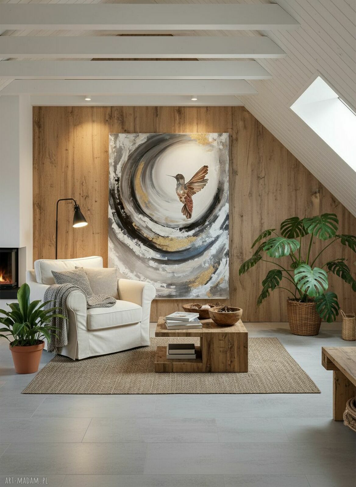 Koliberek Bird - ręcznie malowany obraz abstrakcyjny 70x100 cm ze złoceniem