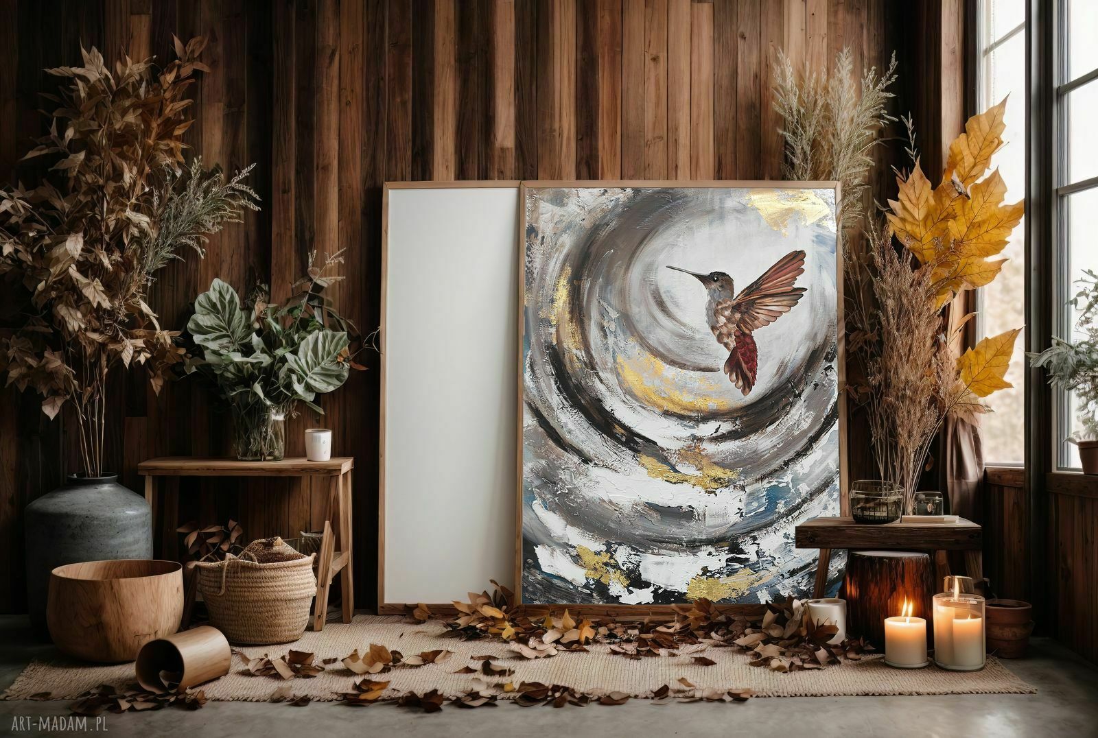 Koliberek Bird - ręcznie malowany obraz abstrakcyjny 70x100 cm ze złoceniem