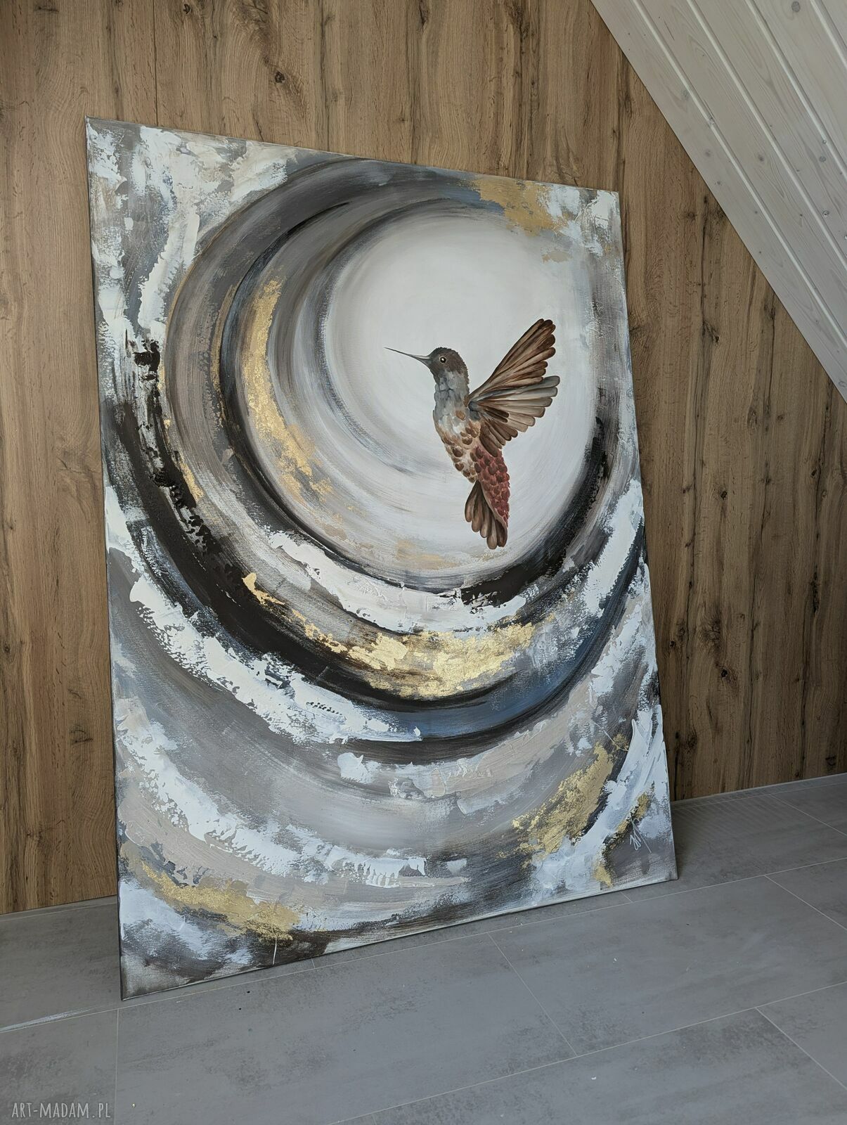 Koliberek Bird - ręcznie malowany obraz abstrakcyjny 70x100 cm ze złoceniem