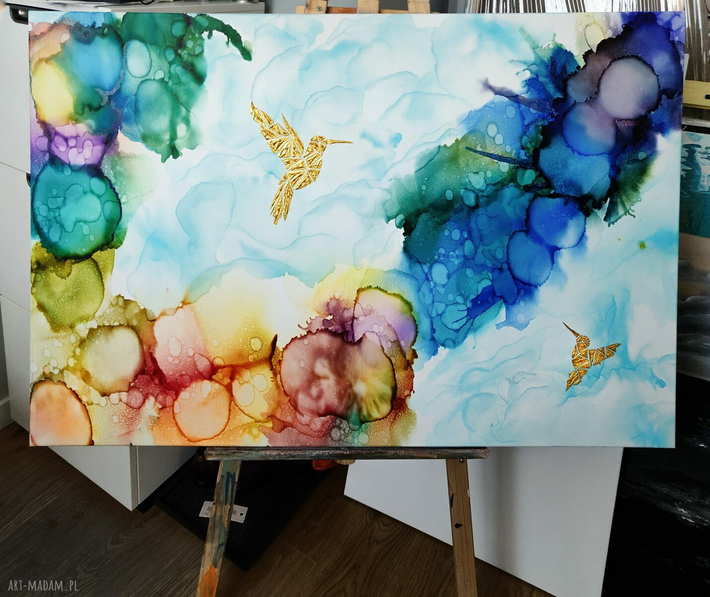 Kolibry w tęczowej mgle - 120x80 cm obraz ręcznie malowany