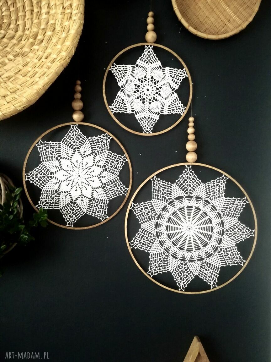Handmade zestaw 3 Łapacz Snow - dekoracja ścienna na zimowy klimat