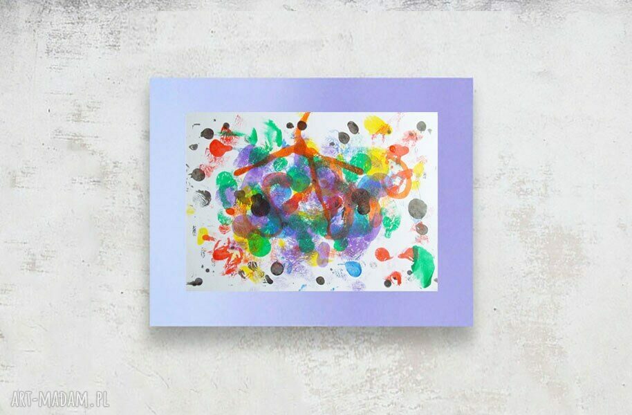 Kolorowa abstrakcja do salonu i biura 30x40 cm - ręcznie malowana dekoracja na fioletowym tle