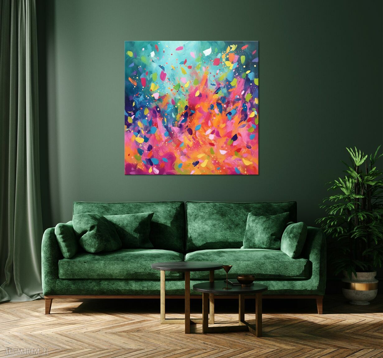Zielony obraz do salonu 80x80 cm - kolorowa abstrakcja na płótnie