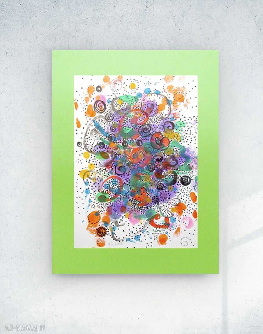 Kolorowa abstrakcja ręcznie malowana na zielonym tle 30x40