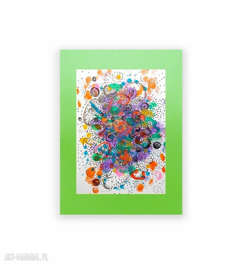 Kolorowa abstrakcja ręcznie malowana na zielonym tle 30x40