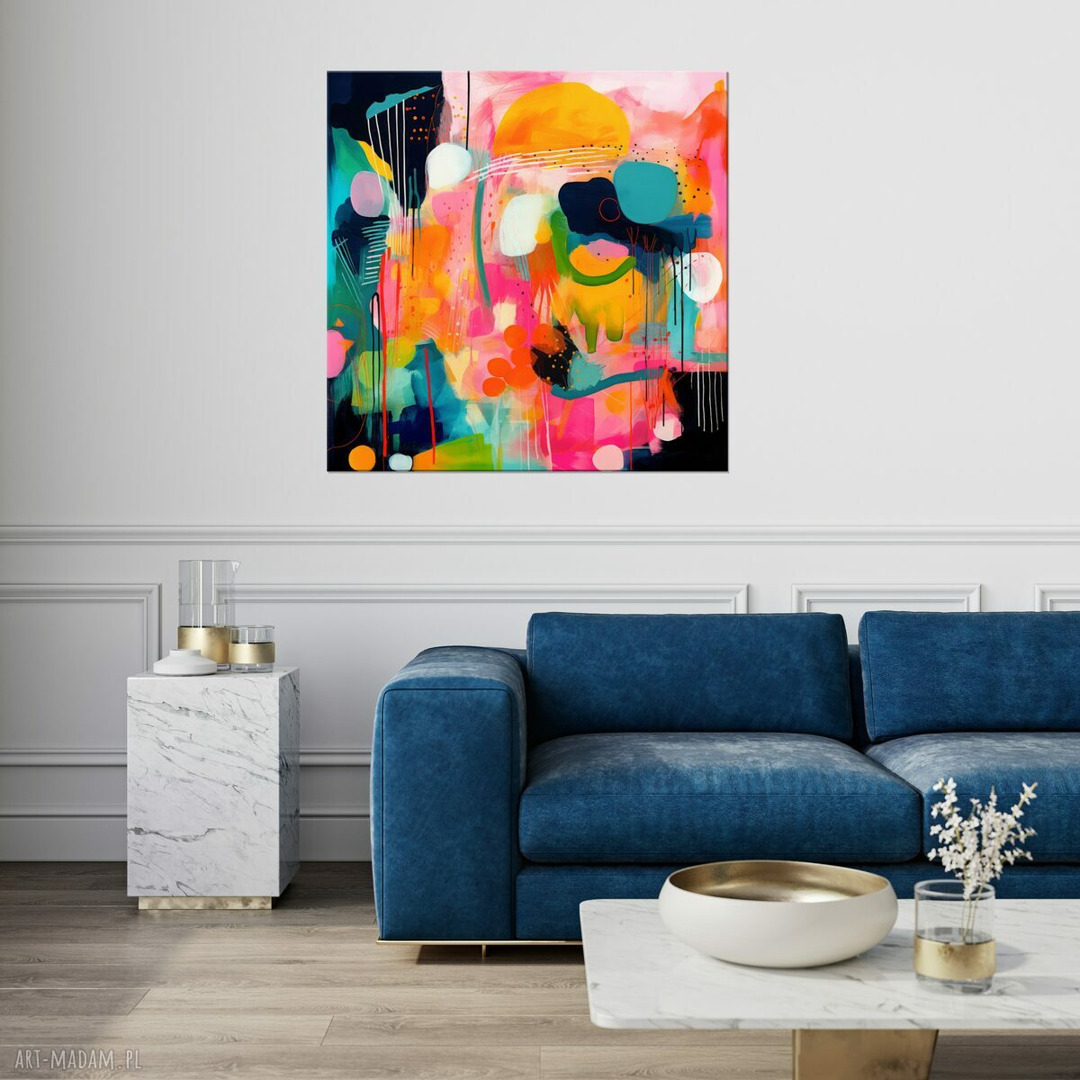 Kolorowa abstrakcja na płótnie 60x60 cm - nowoczesny obraz pomarańczowo-turkusowy