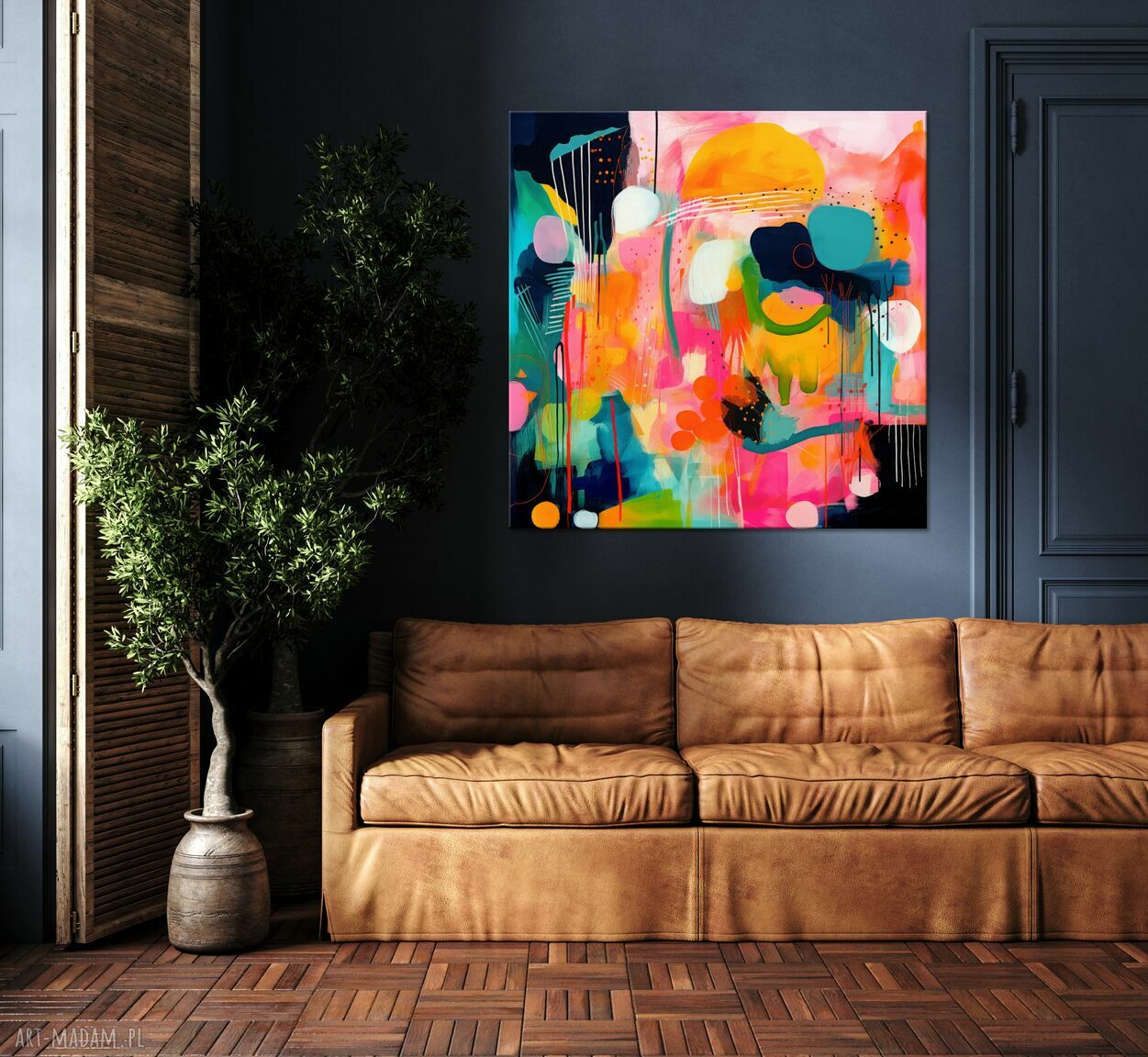 Kolorowa abstrakcja na płótnie 60x60 cm - nowoczesny obraz pomarańczowo-turkusowy