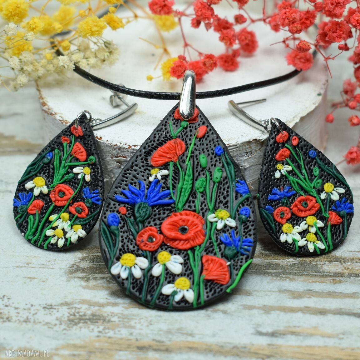 Polne kwiaty unikatowy komplet biżuterii biżuteria kwiatowa