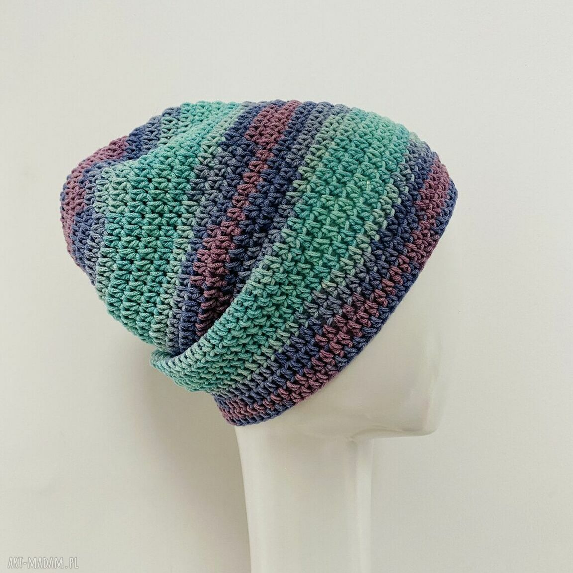 Ręcznie robiona kolorowa czapka wiosenna - cienka beanie S/M