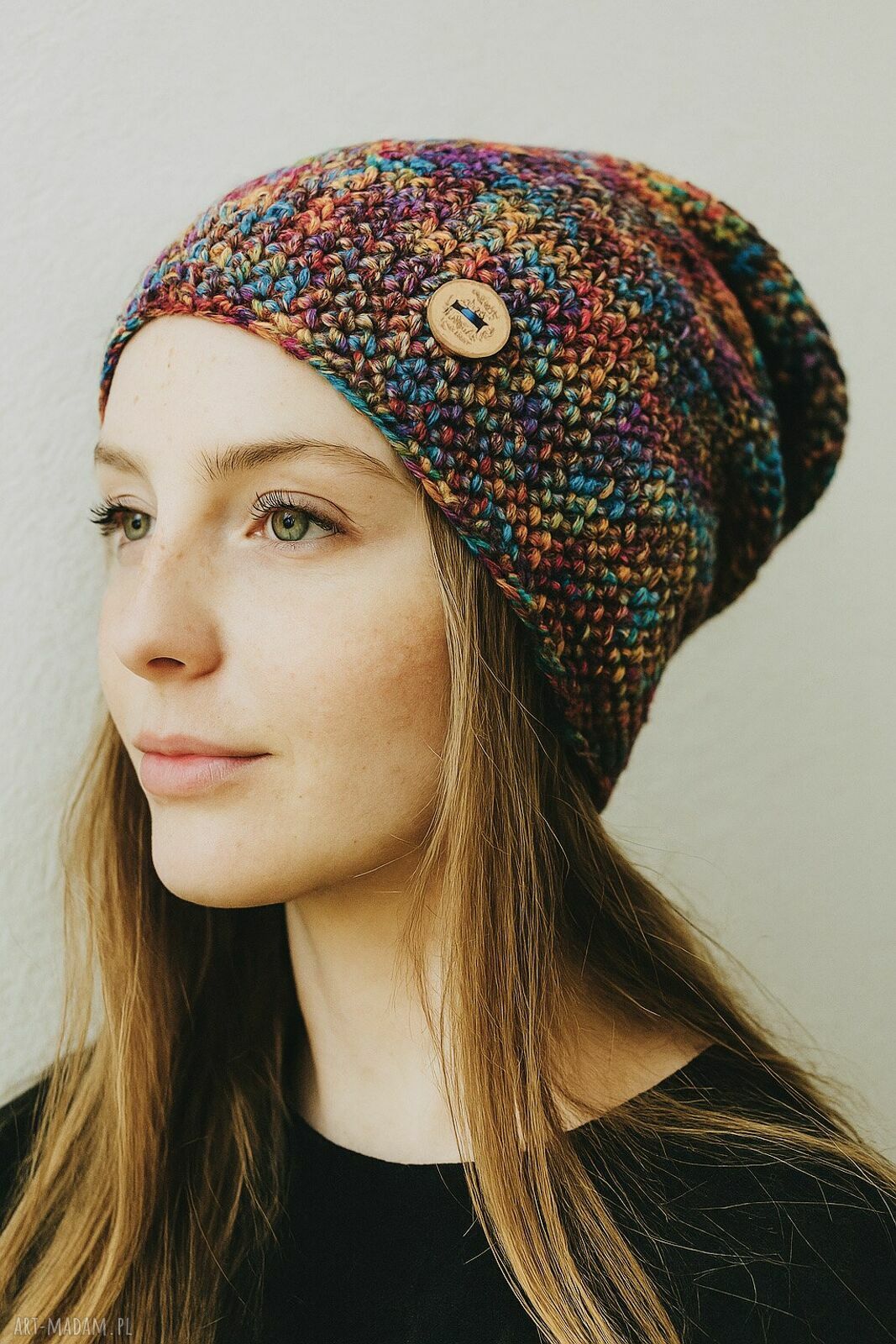 Kolorowa czapka całoroczna - cienkie beanie S/M, ręcznie dziane