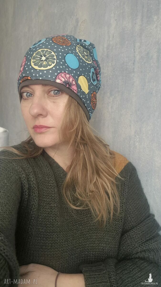 Kolorowa czapka etno-boho na podszewce - one size 56-57