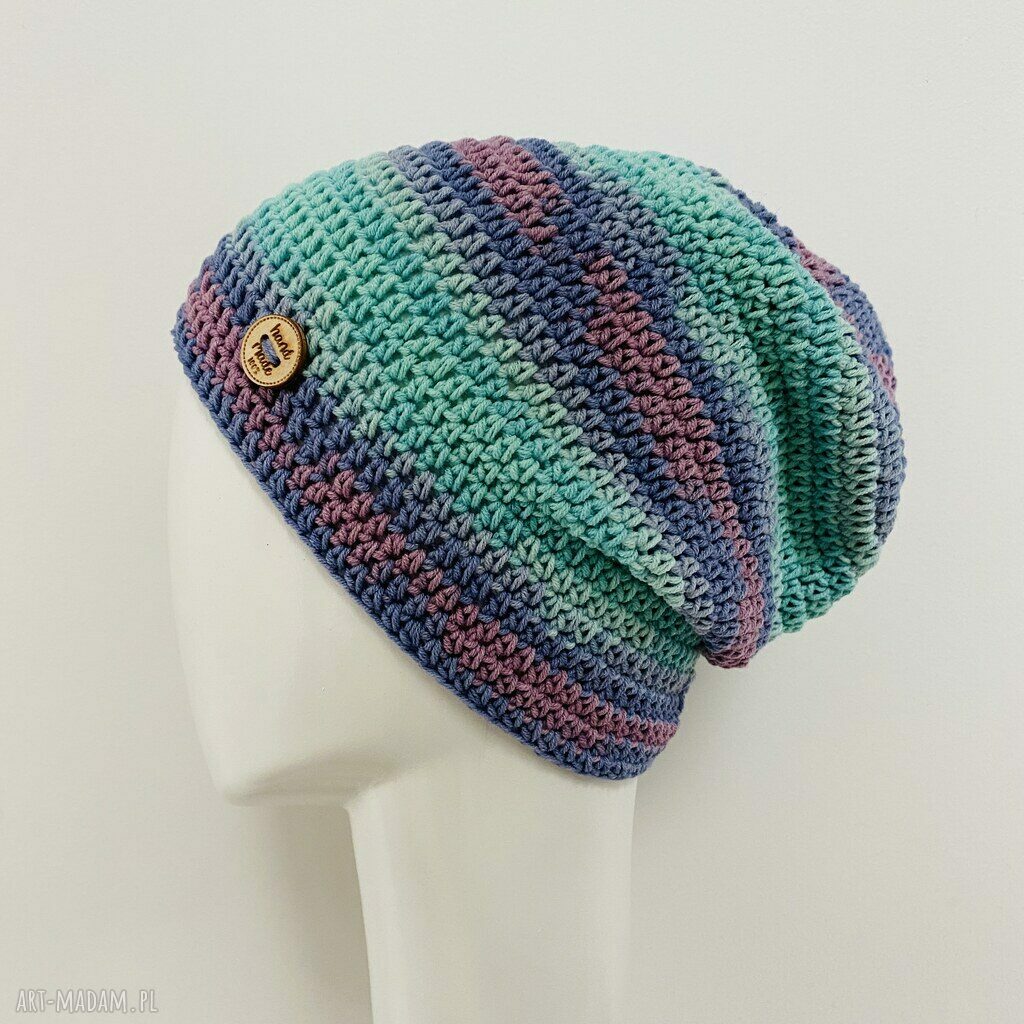 Ręcznie robiona kolorowa czapka wiosenna - cienka beanie S/M