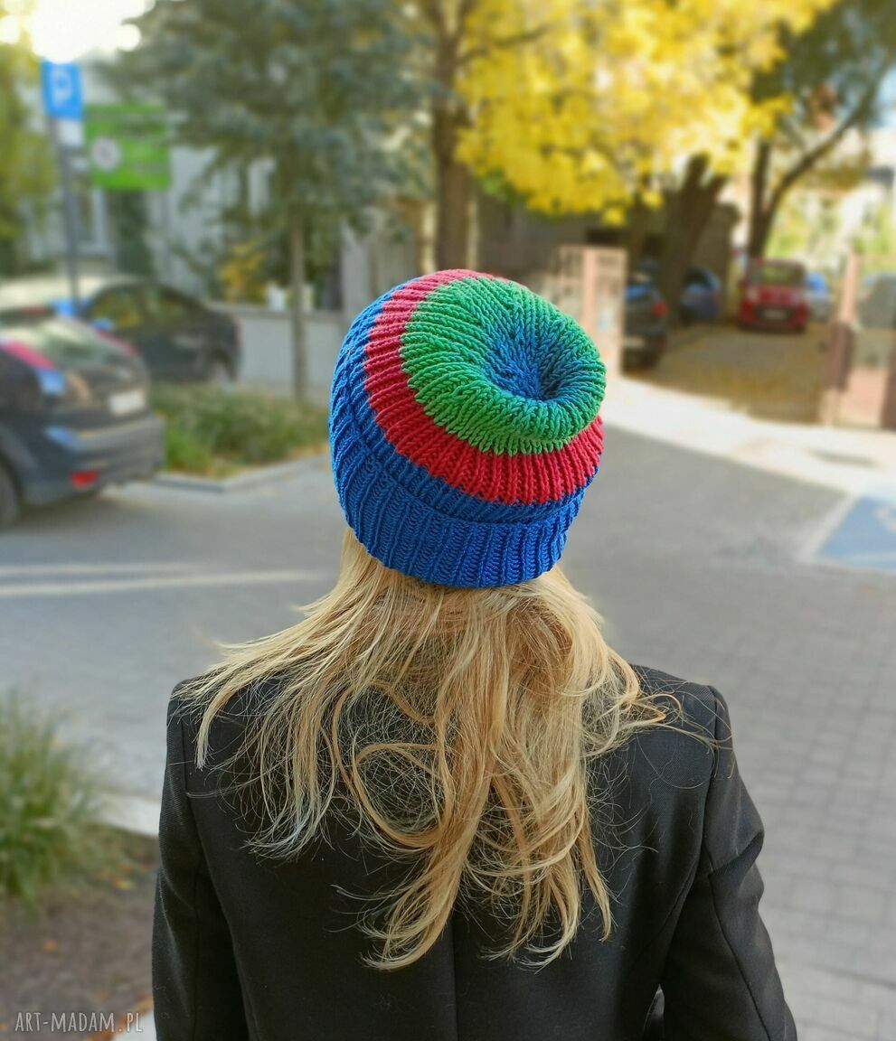 Kolorowa czapka z merino czapkana dziergana na drutach, wełniana