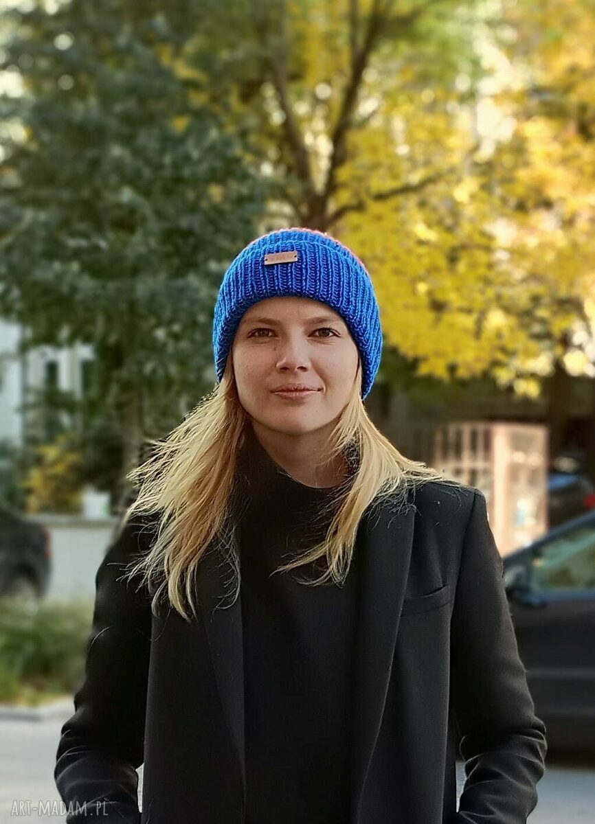 Kolorowa czapka z merino - czapkana dziergana na drutach, wełniana