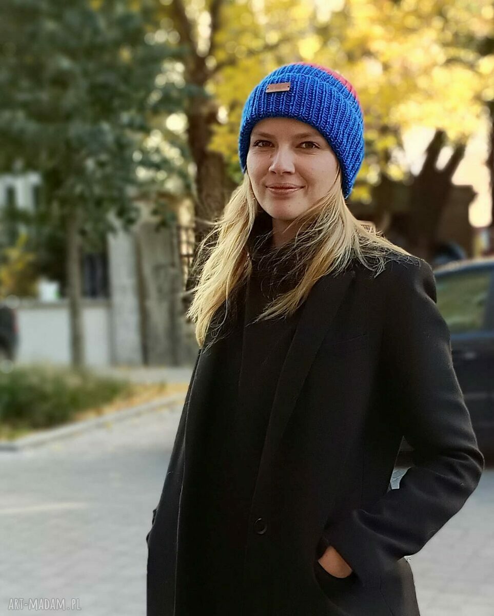 Kolorowa czapka z merino czapkana dziergana na drutach, wełniana