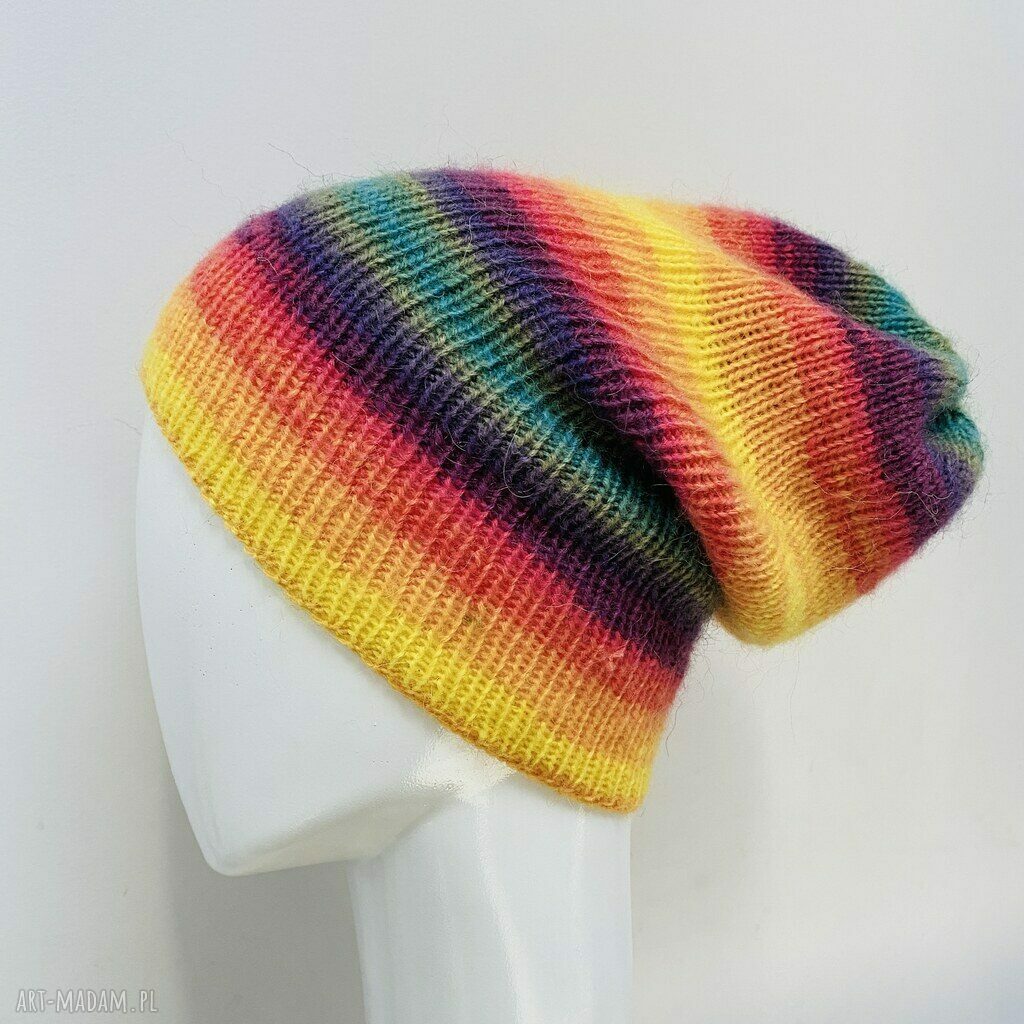 Kolorowa, delikatna czapka beanie z wywinięciem S/M z wełną merino