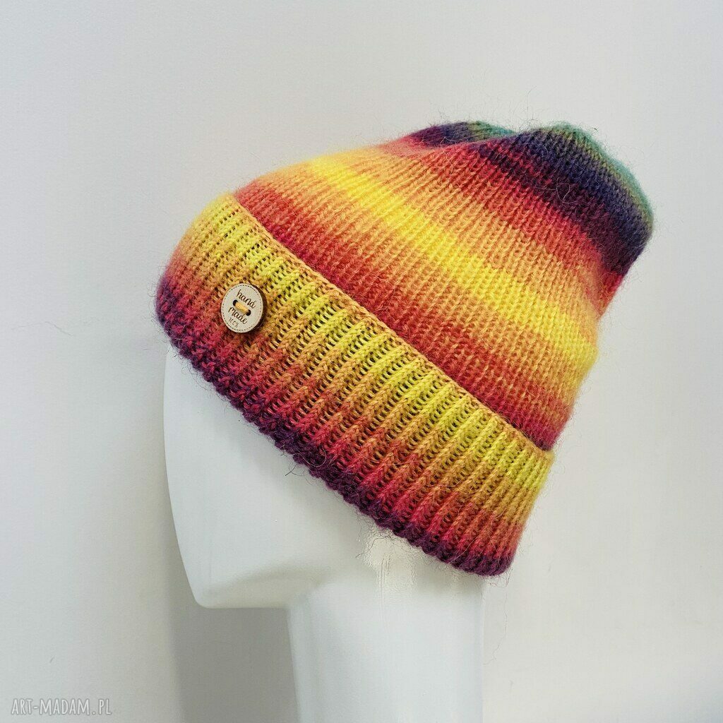 Kolorowa, delikatna czapka beanie z wywinięciem S/M z wełną merino