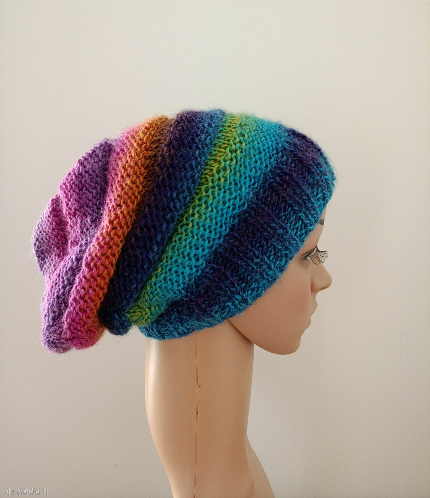 Kolorowa długa czapka handmade ciepły prezent na zimę