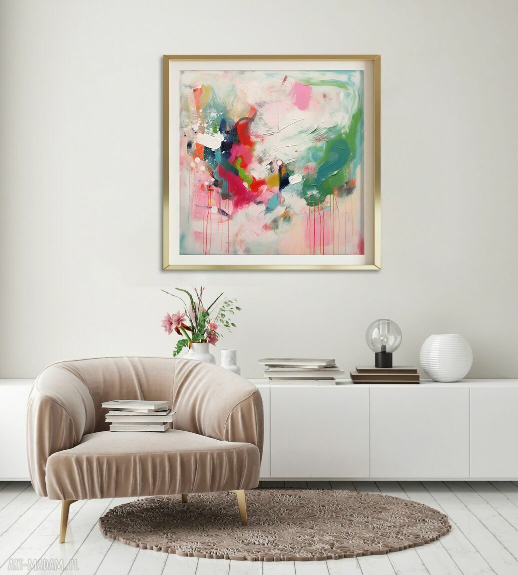 Kolorowa ekspresyjna abstrakcja w zieleni i czerwieni - wydruk artystyczny 50x50 cm