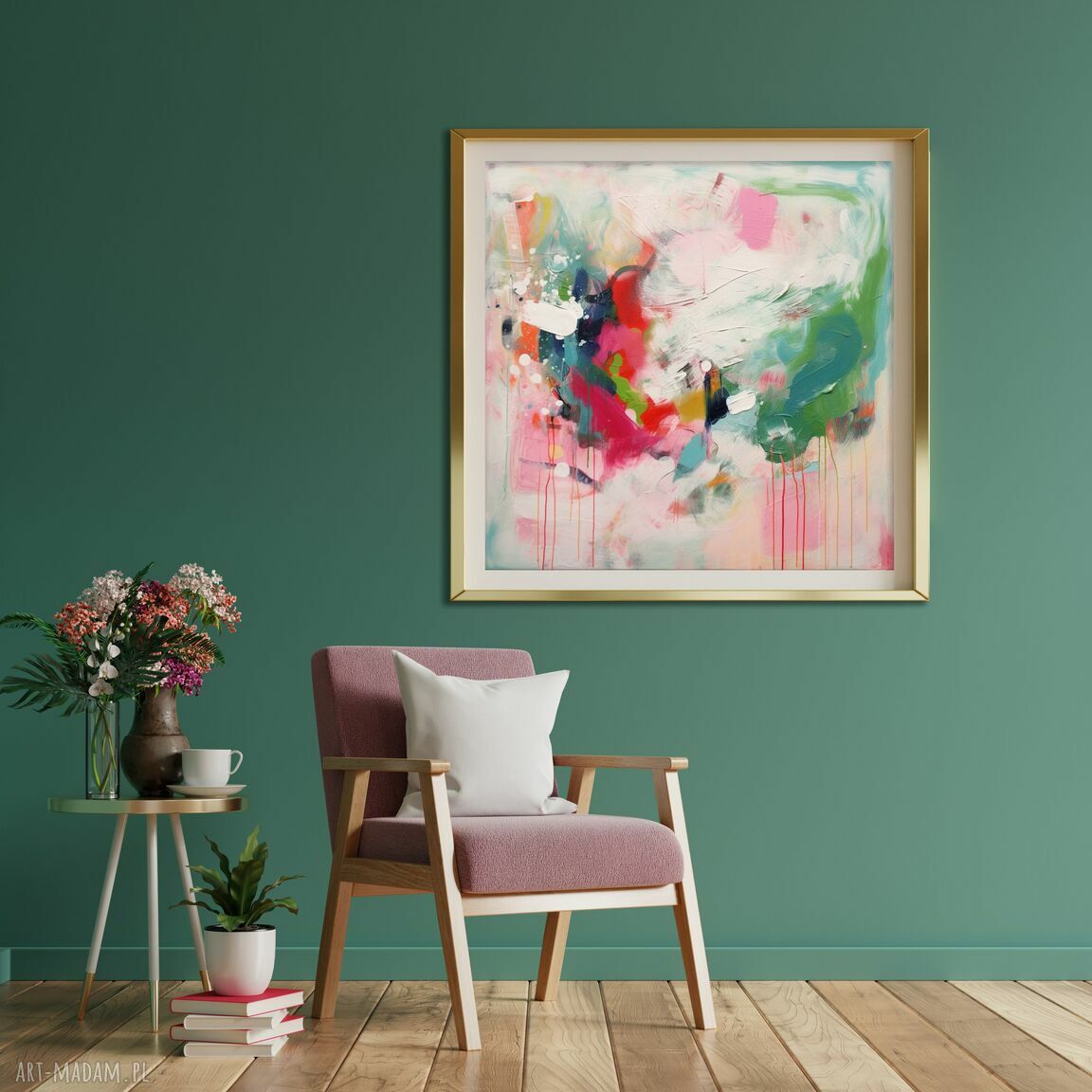 Kolorowa ekspresyjna abstrakcja w zieleni i czerwieni - wydruk artystyczny 50x50 cm
