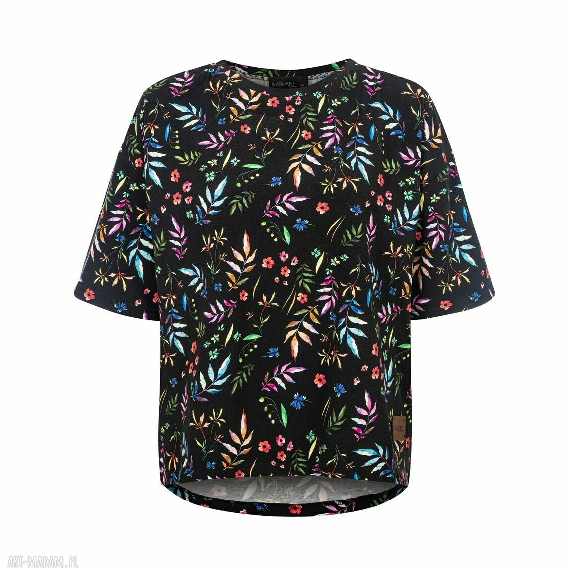 Bawełniana bluzka damska T-shirt "ciemna łączka" z kolorowym motywem liści - Nashani