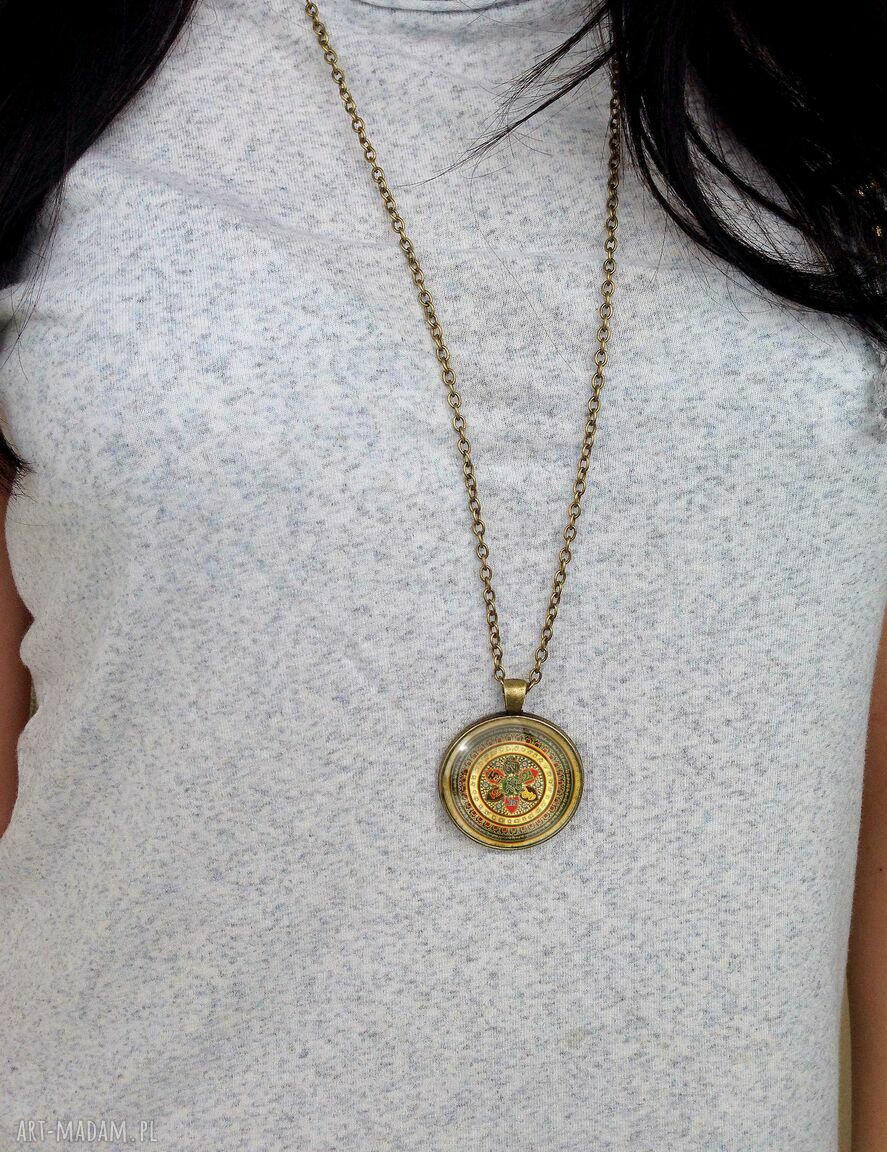 naszyjniki: Kolorowa mandala duży medalion z łańcuszkiem ręcznie zrobione
