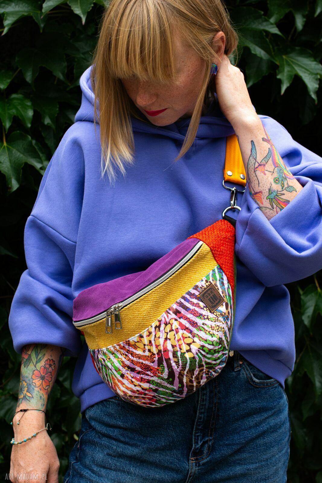 Kolorowa nerka damska z pomarańczowym paskiem - duża saszetka handmade ZEBRA VIBE
