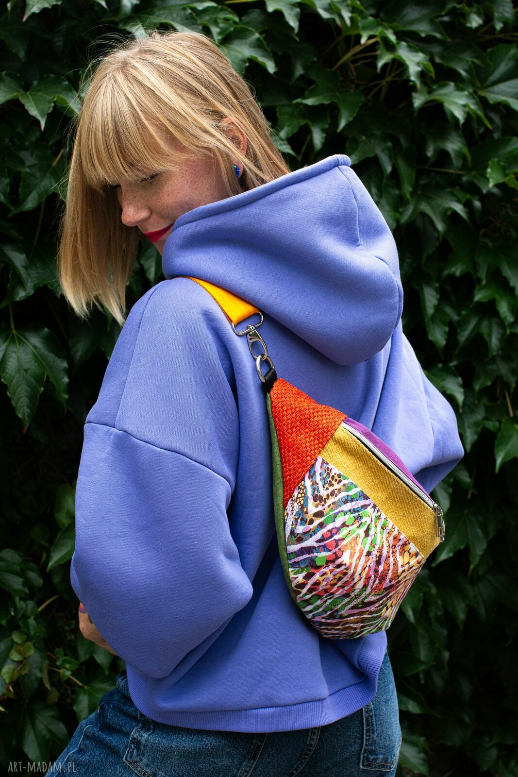 Kolorowa nerka damska z pomarańczowym paskiem - duża saszetka handmade ZEBRA VIBE
