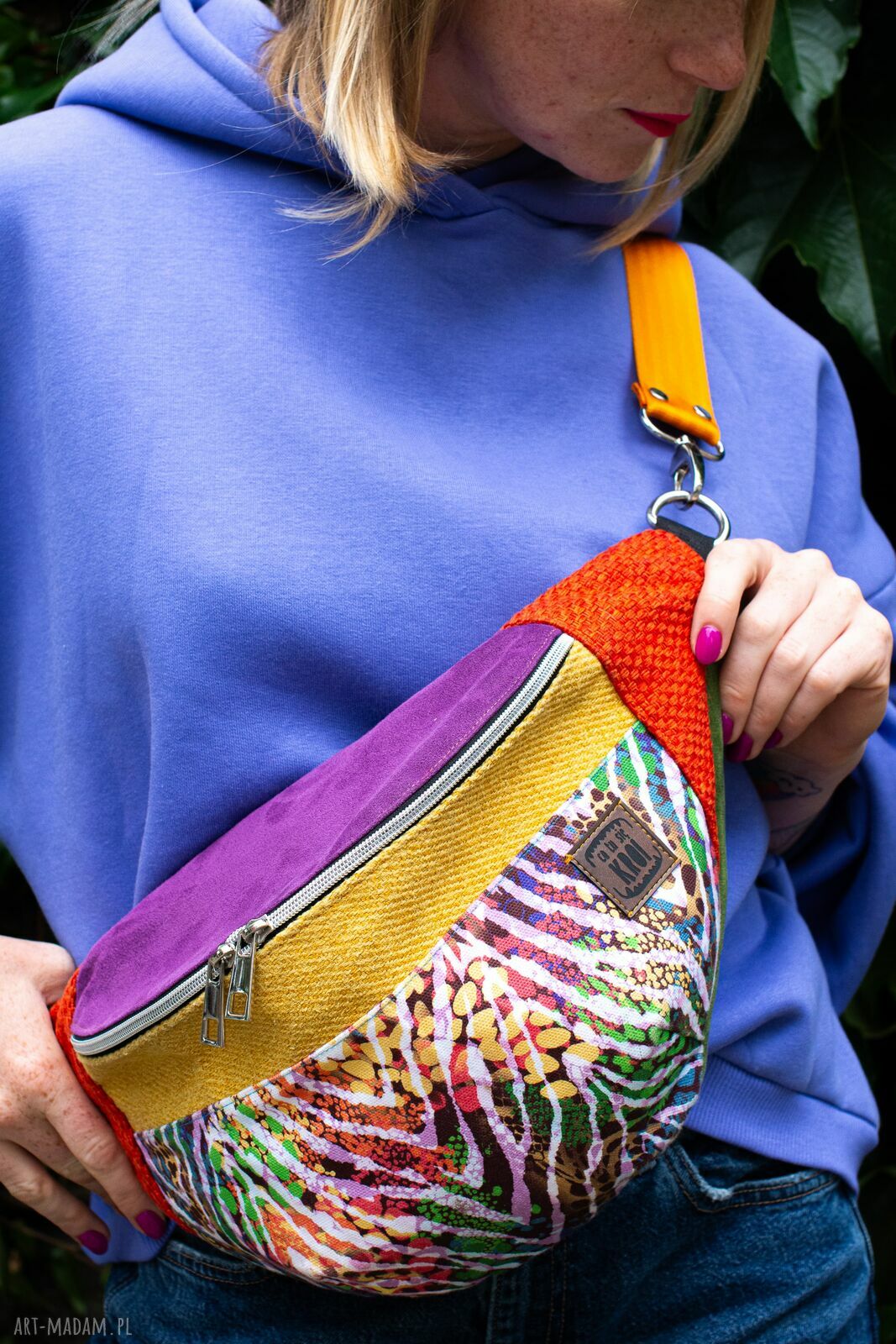 Kolorowa nerka damska z pomarańczowym paskiem - duża saszetka handmade ZEBRA VIBE