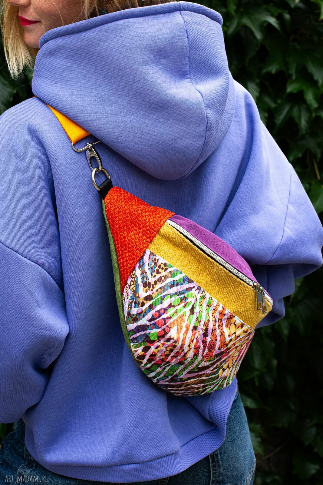 Kolorowa nerka damska z pomarańczowym paskiem - duża saszetka handmade ZEBRA VIBE