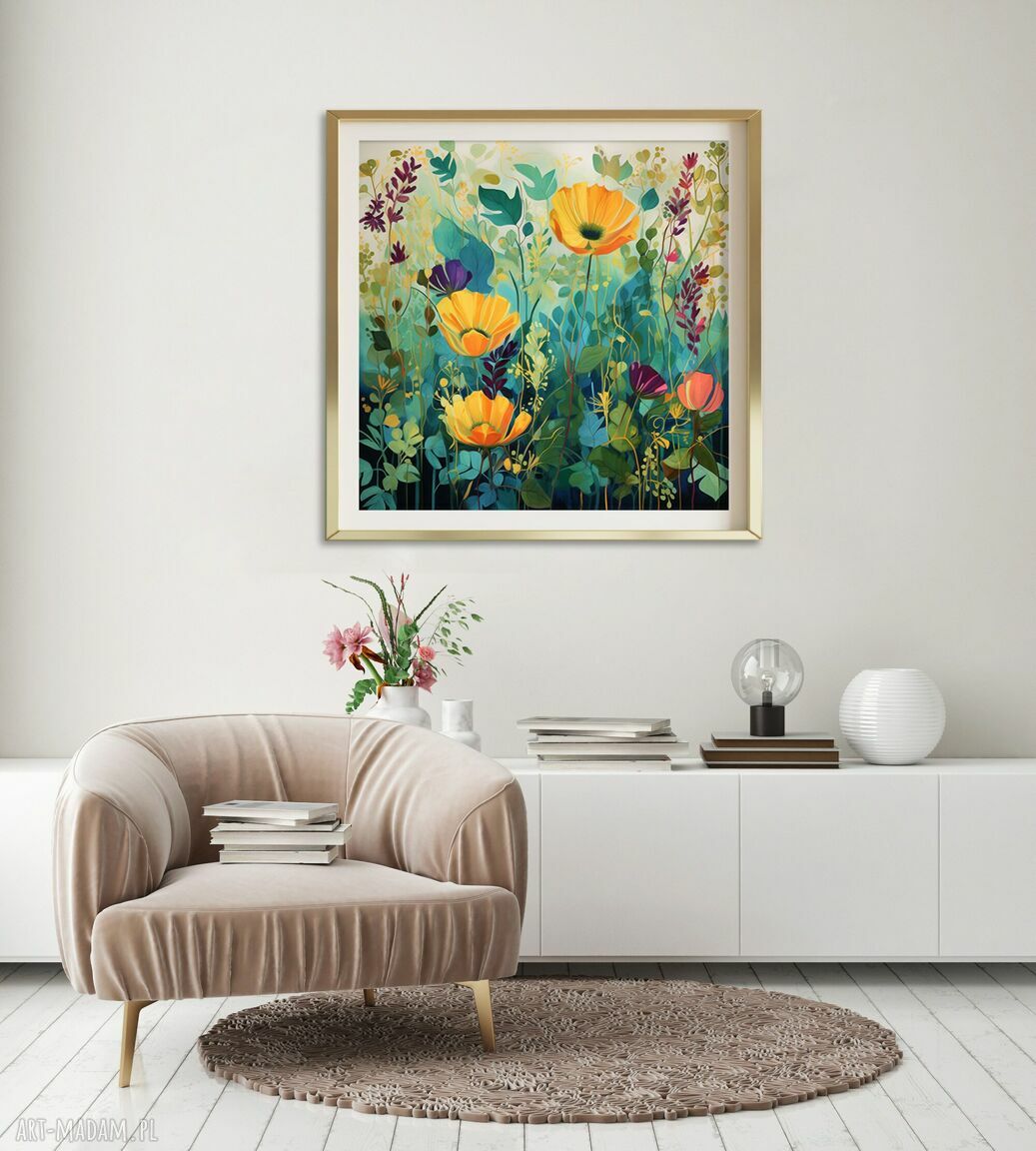 Zielona łąka kwietna - obraz do salonu 50x50 cm, matowy wydruk botaniczny
