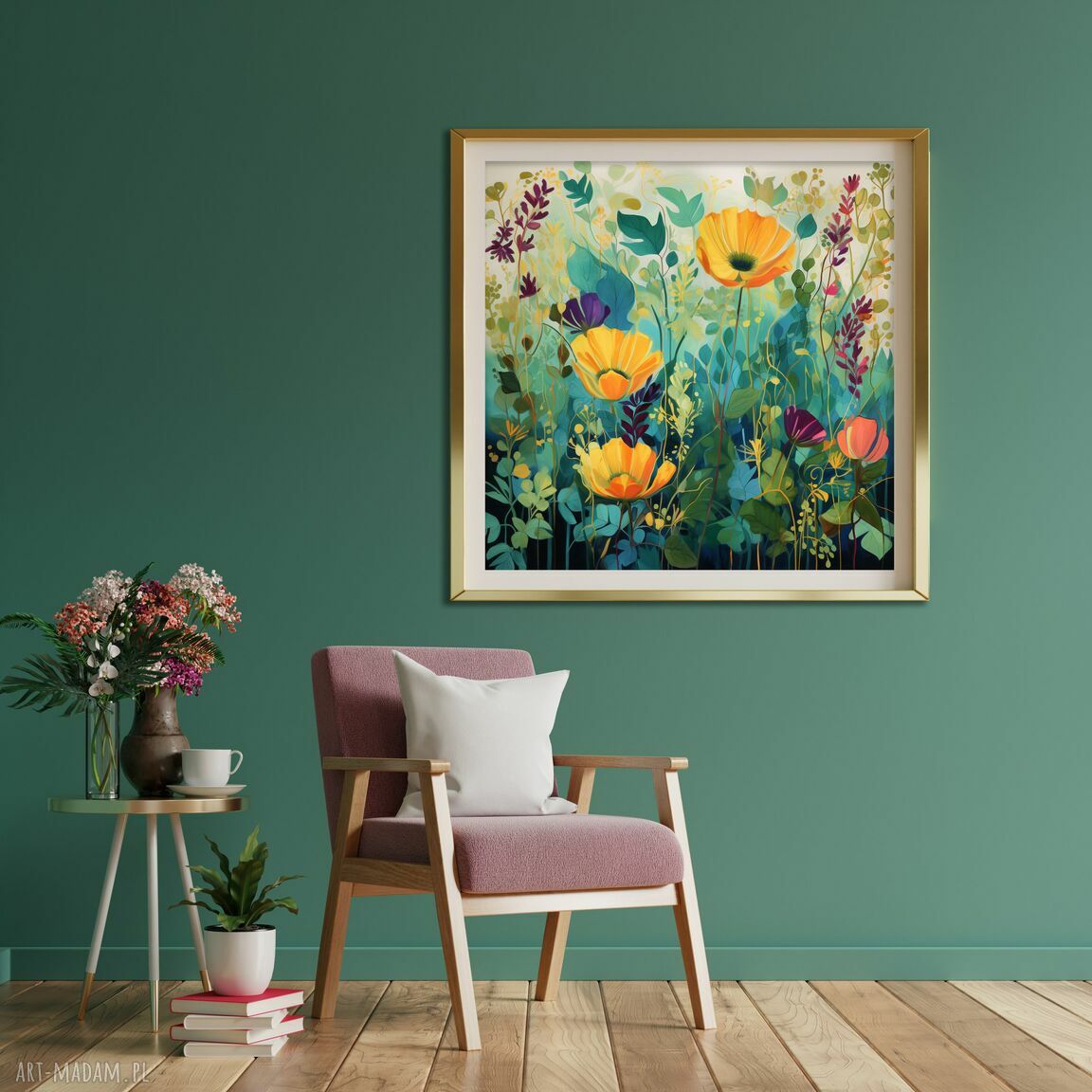 Zielona łąka kwietna - obraz do salonu 50x50 cm, matowy wydruk botaniczny