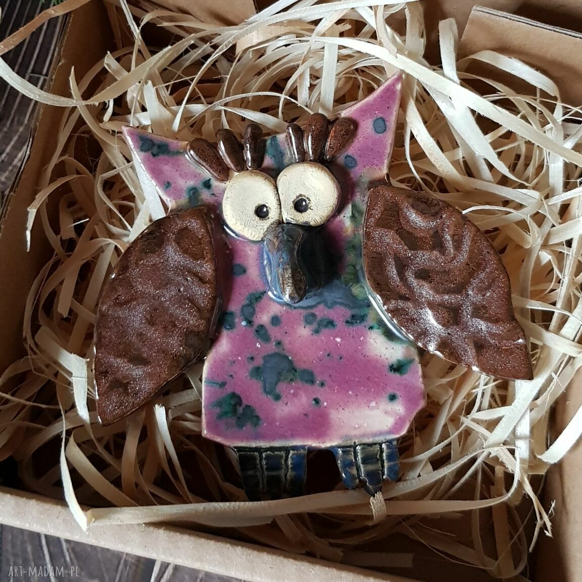 Kolorowa sowa - ceramiczna zawieszka handmade
