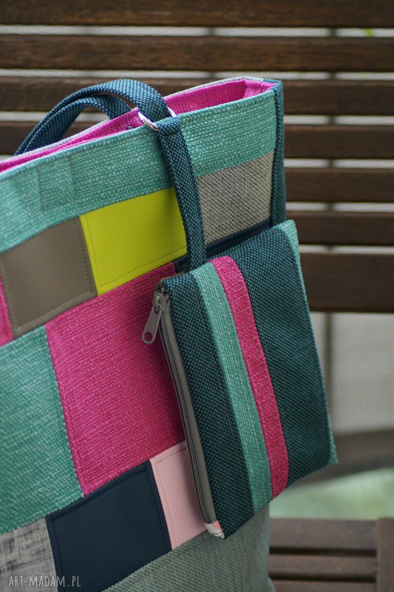 Kolorowa torba patchwork na ramię Happy Art - wegańska shopperka z saszetką