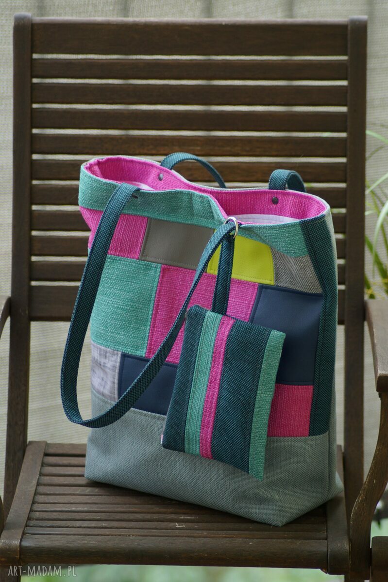 Kolorowa torba patchwork na ramię Happy Art - wegańska shopperka z saszetką