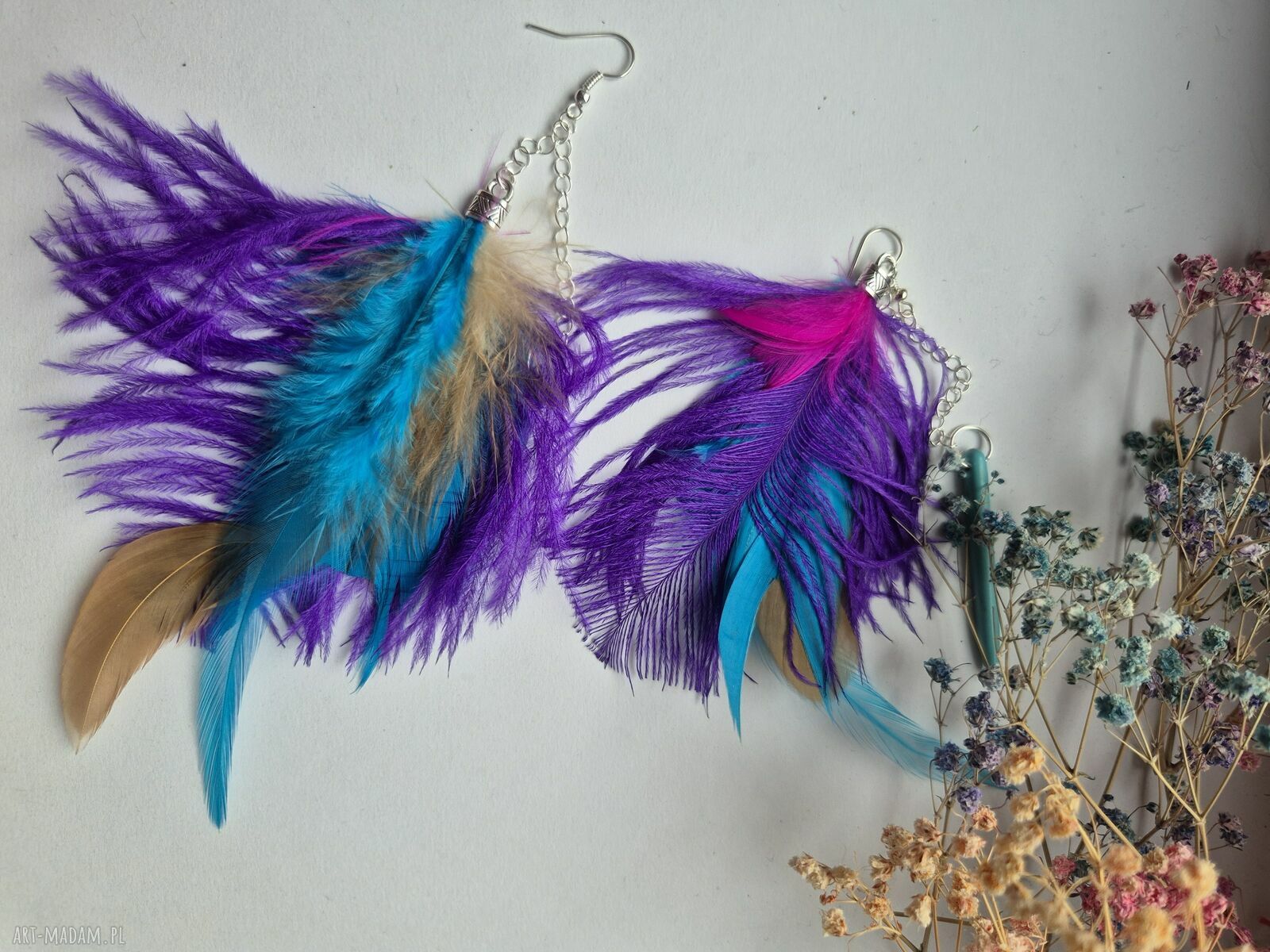 Kolczyki kolorowe pióra - energetyczne boho, duże i lekkie (handmade)
