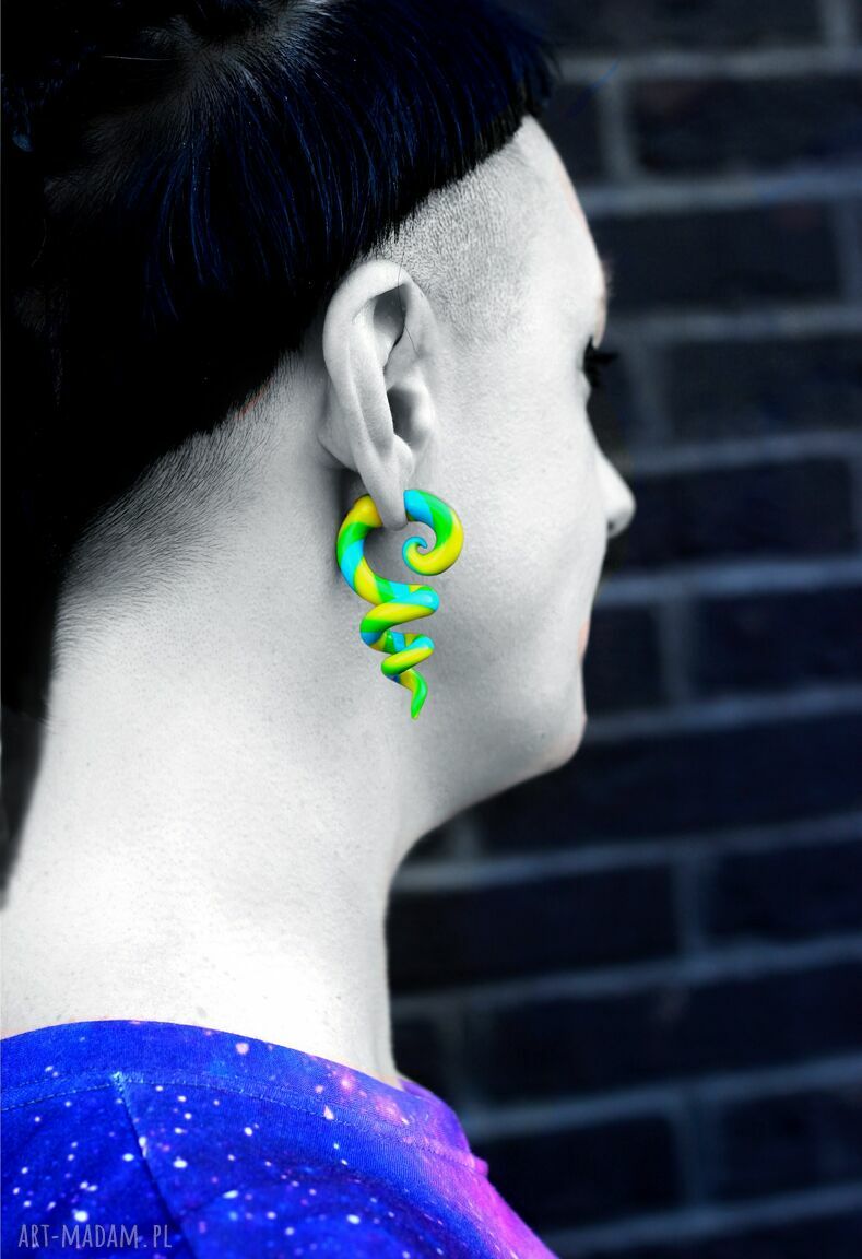 Kolorowe kolczyki spiralki żółto-niebieskie typu fake plug - handmade z srebrem 925
