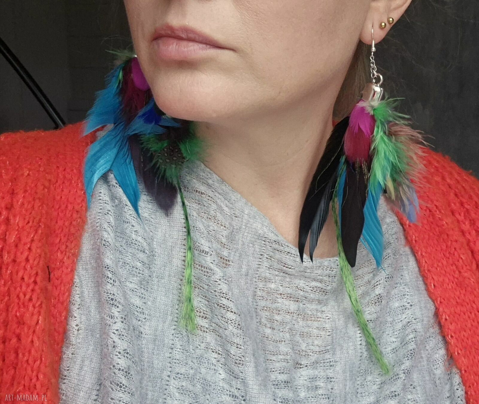 Kolczyki kolorowe energetyczne pióra boho - duże i lekkie rękodzieło